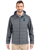 Philadelphia Phillies City Connect Cutter & Buck Evoke Hybrid Eco Softshell Recycled Full Zip Mens Big & Tall Hooded Jacket Elemental Grey Front