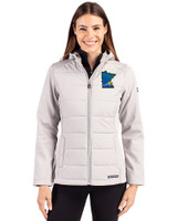 Minnesota Twins City Connect Cutter & Buck Evoke Hybrid Softshell Recycled Full Zip Womens Hooded Jacket CONCRETE Front