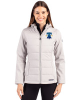 Philadelphia Phillies City Connect Cutter & Buck Evoke Hybrid Softshell Recycled Full Zip Womens Hooded Jacket CONCRETE Front