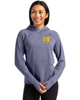 Michigan Wolverines Alumni Cutter & Buck Adapt Knit Recycled Womens Heathered Hooded Pullover Navy Blue Heather Front