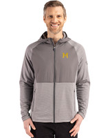Michigan Wolverines College Vault Cutter & Buck Peshastin Recycled Grid Fleece Mens Hybrid Hooded Full Zip Jacket Elemental Grey Heather Front
