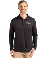 NC State Wolfpack College Vault Cutter & Buck Coastline Epic Comfort Recycled Mens Long Sleeve Polo Black Front