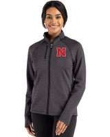 Nebraska Cornhuskers Cutter & Buck Peshastin Recycled Grid Fleece Womens Full Zip Jacket Black Heather Front