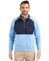 Front Profile view of a man wearing an Atlas/Navy Blue Cutter & Buck Adapt Eco Knit Hybrid Recycled Mens Quarter Zip