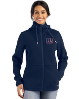 New York Giants Americana Cutter & Buck Roam Epic Versatility Recycled Womens Full Zip Hooded Jacket Navy Blue Front