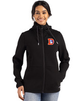 Denver Broncos Historic Cutter & Buck Roam Recycled Buttery-Soft Knit Womens Full Zip Hooded Jacket Black Front