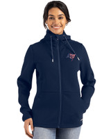 Tampa Bay Buccaneers Americana Cutter & Buck Roam Epic Versatility Recycled Womens Full Zip Hooded Jacket Navy Blue Front
