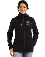 San Jose Earthquakes Cutter & Buck Roam Epic Versatility Recycled Womens Full Zip Hooded Jacket Black Front