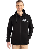 Los Angeles Rams Mono Cutter & Buck Roam Epic Versatility Recycled Mens Full Zip Hooded Jacket Black Front