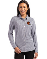Cincinnati Bengals NFL Helmet Cutter & Buck Skyline Epic Confidence Recycled Gingham Womens Long Sleeve Dress Shirt  Black/White Front
