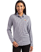 Pittsburgh Steelers Cutter & Buck Skyline Recycled Gingham Womens Long Sleeve Spread Collar Dress Shirt Black/White Front