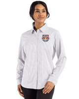 New York Red Bulls Cutter & Buck Skyline Epic Confidence Recycled Gingham Womens Long Sleeve Dress Shirt  Concrete/White Front