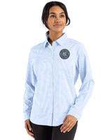 New York City FC Cutter & Buck Skyline Epic Confidence Recycled Gingham Womens Long Sleeve Dress Shirt  Atlas/White Front