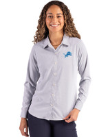 Detroit Lions Cutter & Buck Skyline Recycled Pinstripe Womens Long Sleeve Spread Collar Dress Shirt Elemental Grey/White Front