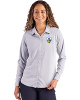 Los Angeles Chargers Historic Cutter & Buck Skyline Epic Confidence Recycled Pinstripe Womens Long Sleeve Dress Shirt  Elemental Grey/White Front