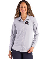 Houston Texans NFL Helmet Cutter & Buck Skyline Epic Confidence Recycled Pinstripe Womens Long Sleeve Dress Shirt  Elemental Grey/White Front