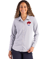 Buffalo Bills Historic Cutter & Buck Skyline Epic Confidence Recycled Pinstripe Womens Long Sleeve Dress Shirt  Elemental Grey/White Front