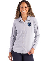 Sporting Kansas City Cutter & Buck Skyline Epic Confidence Recycled Pinstripe Womens Long Sleeve Dress Shirt  Elemental Grey/White Front