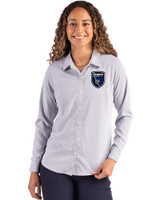 San Jose Earthquakes Cutter & Buck Skyline Epic Confidence Recycled Pinstripe Womens Long Sleeve Dress Shirt  Elemental Grey/White Front