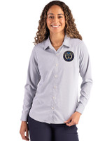 Philadelphia Union Cutter & Buck Skyline Epic Confidence Recycled Pinstripe Womens Long Sleeve Dress Shirt  Elemental Grey/White Front