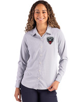 D.C. United Cutter & Buck Skyline Epic Confidence Recycled Pinstripe Womens Long Sleeve Dress Shirt  Elemental Grey/White Front