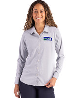 Seattle Seahawks Historic Cutter & Buck Skyline Epic Confidence Recycled Pinstripe Womens Long Sleeve Dress Shirt  Elemental Grey/White Front