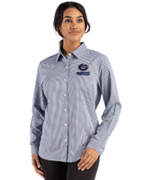 Green Bay Packers Americana Cutter & Buck Skyline Epic Confidence Recycled Gingham Womens Long Sleeve Dress Shirt  Navy Blue/White Front