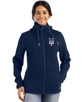 New York Mets Stars & Stripes Cutter & Buck Roam Epic Versatility Recycled Womens Full Zip Hooded Jacket Navy Blue Front
