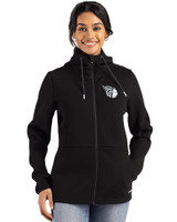 Cleveland Guardians Mono Cutter & Buck Roam Epic Versatility Recycled Womens Full Zip Hooded Jacket Black Front