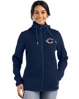 Cincinnati Reds Stars & Stripes Cutter & Buck Roam Epic Versatility Recycled Womens Full Zip Hooded Jacket Navy Blue Front