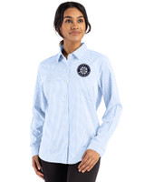 Seattle Mariners Mono Cutter & Buck Skyline Epic Confidence Recycled Gingham Womens Long Sleeve Dress Shirt  Atlas/White Front