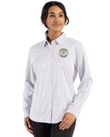 Milwaukee Brewers Cooperstown Cutter & Buck Skyline Epic Confidence Recycled Gingham Womens Long Sleeve Dress Shirt  Concrete/White Front