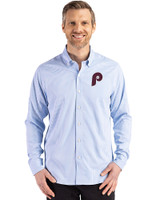 Philadelphia Phillies Cooperstown Cutter & Buck Skyline Epic Confidence Recycled Gingham Mens Long Sleeve Dress Shirt Atlas/White Front