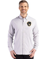 Milwaukee Brewers Cutter & Buck Skyline Epic Confidence Recycled Gingham Mens Long Sleeve Dress Shirt Concrete/White Front