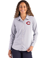 Cincinnati Reds Cutter & Buck Skyline Epic Confidence Recycled Pinstripe Womens Long Sleeve Dress Shirt  Elemental Grey/White Front