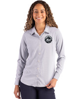 New York Mets Mono Cutter & Buck Skyline Epic Confidence Recycled Pinstripe Womens Long Sleeve Dress Shirt  Elemental Grey/White Front