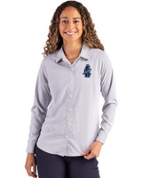 Chicago Cubs Cooperstown Cutter & Buck Skyline Epic Confidence Recycled Pinstripe Womens Long Sleeve Dress Shirt  Elemental Grey/White Front