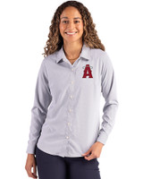 Los Angeles Angels City Connect Cutter & Buck Skyline Epic Confidence Recycled Pinstripe Womens Long Sleeve Dress Shirt  Elemental Grey/White Front