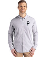 Pittsburgh Pirates Mono Cutter & Buck Skyline Epic Confidence Recycled Pinstripe Mens Long Sleeve Dress Shirt Elemental Grey/White Front