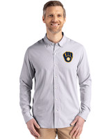 Milwaukee Brewers Cutter & Buck Skyline Epic Confidence Recycled Pinstripe Mens Long Sleeve Dress Shirt Elemental Grey/White Front