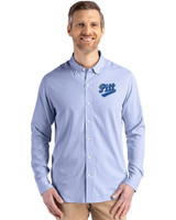 Pitt Panthers College Vault Cutter & Buck Skyline Epic Confidence Recycled Pinstripe Mens Long Sleeve Dress Shirt Tour Blue/White Front