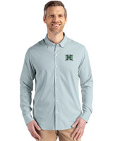 Hawaii Warriors Cutter & Buck Skyline Epic Confidence Recycled Pinstripe Mens Long Sleeve Dress Shirt Hunter/White Front