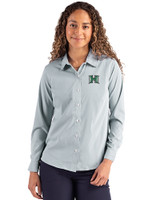 Hawaii Warriors Cutter & Buck Skyline Epic Confidence Recycled Pinstripe Womens Long Sleeve Dress Shirt  Hunter/White Front