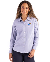 Kansas Jayhawks Alumni Cutter & Buck Skyline Epic Confidence Recycled Pinstripe Womens Long Sleeve Dress Shirt  Tour Blue/White Front
