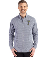GA Tech Yellow Jackets College Vault Cutter & Buck Skyline Epic Confidence Recycled Gingham Mens Long Sleeve Dress Shirt Navy Blue/White Front