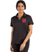 Nebraska Cornhuskers Cutter & Buck Coastline Epic Comfort Recycled Womens Dolman Polo Black Front