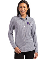 Washington Huskies Cutter & Buck Skyline Epic Confidence Recycled Gingham Womens Long Sleeve Dress Shirt  Black/White Front