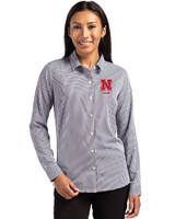 Nebraska Cornhuskers Alumni Cutter & Buck Skyline Epic Confidence Recycled Gingham Womens Long Sleeve Dress Shirt  Black/White Front