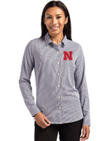 Nebraska Cornhuskers Cutter & Buck Skyline Epic Confidence Recycled Gingham Womens Long Sleeve Dress Shirt  Black/White Front