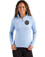 Philadelphia Union Cutter & Buck Coastline Epic Comfort Recycled Women’s Quarter Zip Atlas Light Blue Front